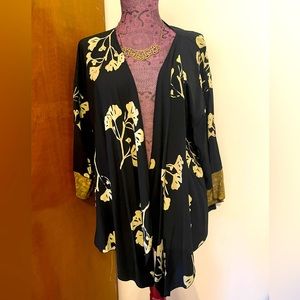 Ivy Reed Rayon Black and Khaki Batik open front lightweight jacket coverup Sz Lg